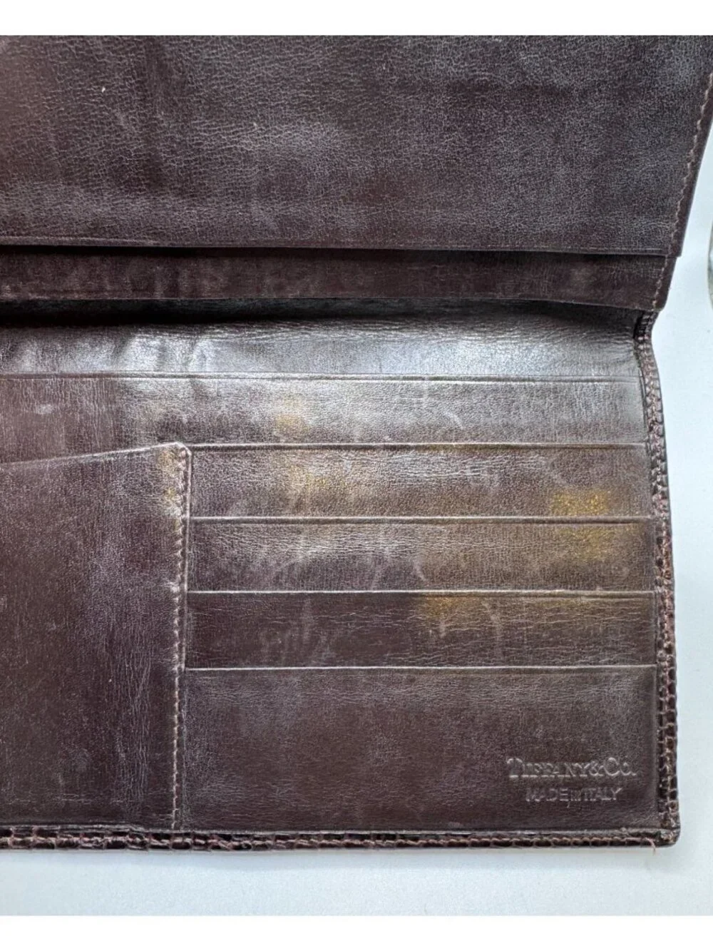 Tiffany & Co Embossed Brown Leather Slim Wallet Checkbook Cover Card Holder